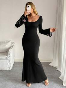 SHEIN Tall Women's Fashionable Black Dress With Generous Collar - Black - View 7