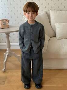 DAZY Young Boy Round Neck Button Front Casual Long Sleeve Sweater - Dark Grey - View 5