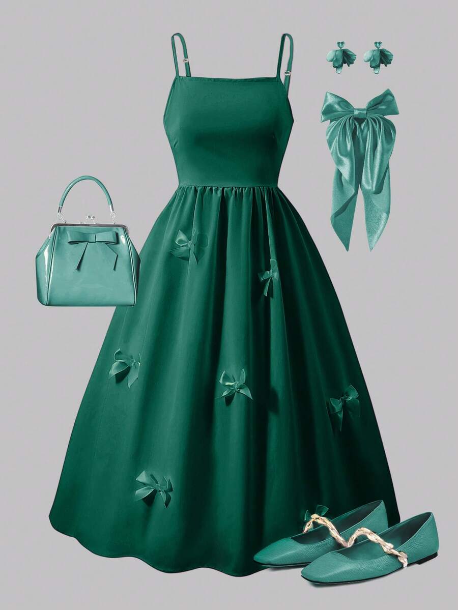 少女优雅可爱蝴蝶结无袖吊带迷你连衣裙，粉色收腰连衣裙，适合春夏穿着，适合外出、聚会和度假。 - 綠色 - 查看 1