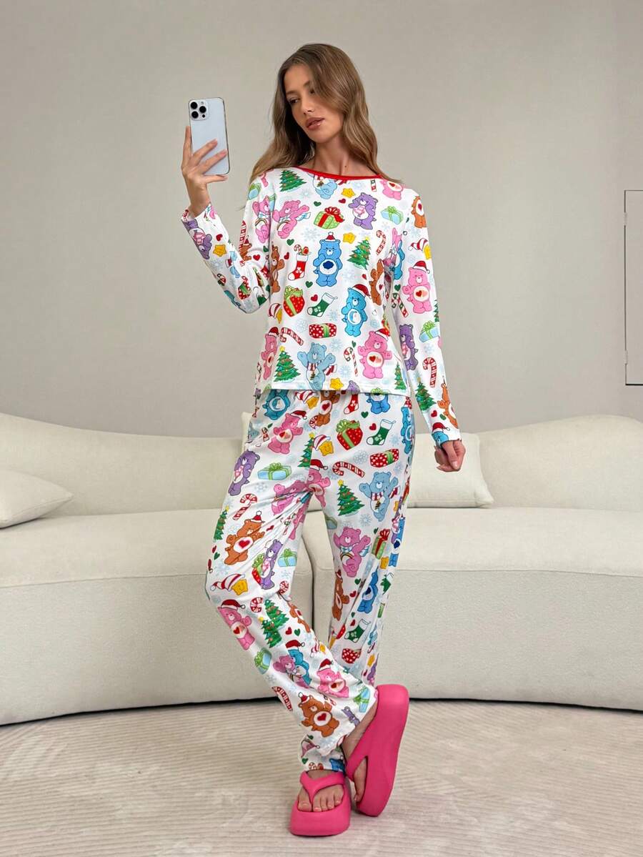 SHEIN X Care Bears Tecknad Mönster Långärmad Topp & Byxor Pyjamas Set, Höst Vinterkläder, Jul - Multifärgad - Visa 1