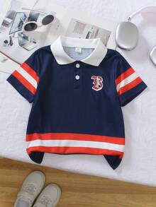 Casuvi Kids 1pc Classic Collegiate Polo Shirt For Young Boy, Navy Blue With Red & White Stripes, Embroidered Letter "B" On Left Chest, Suitable For Casual Wear, Outdoor, Park, Back To School - Blue and White - View 4