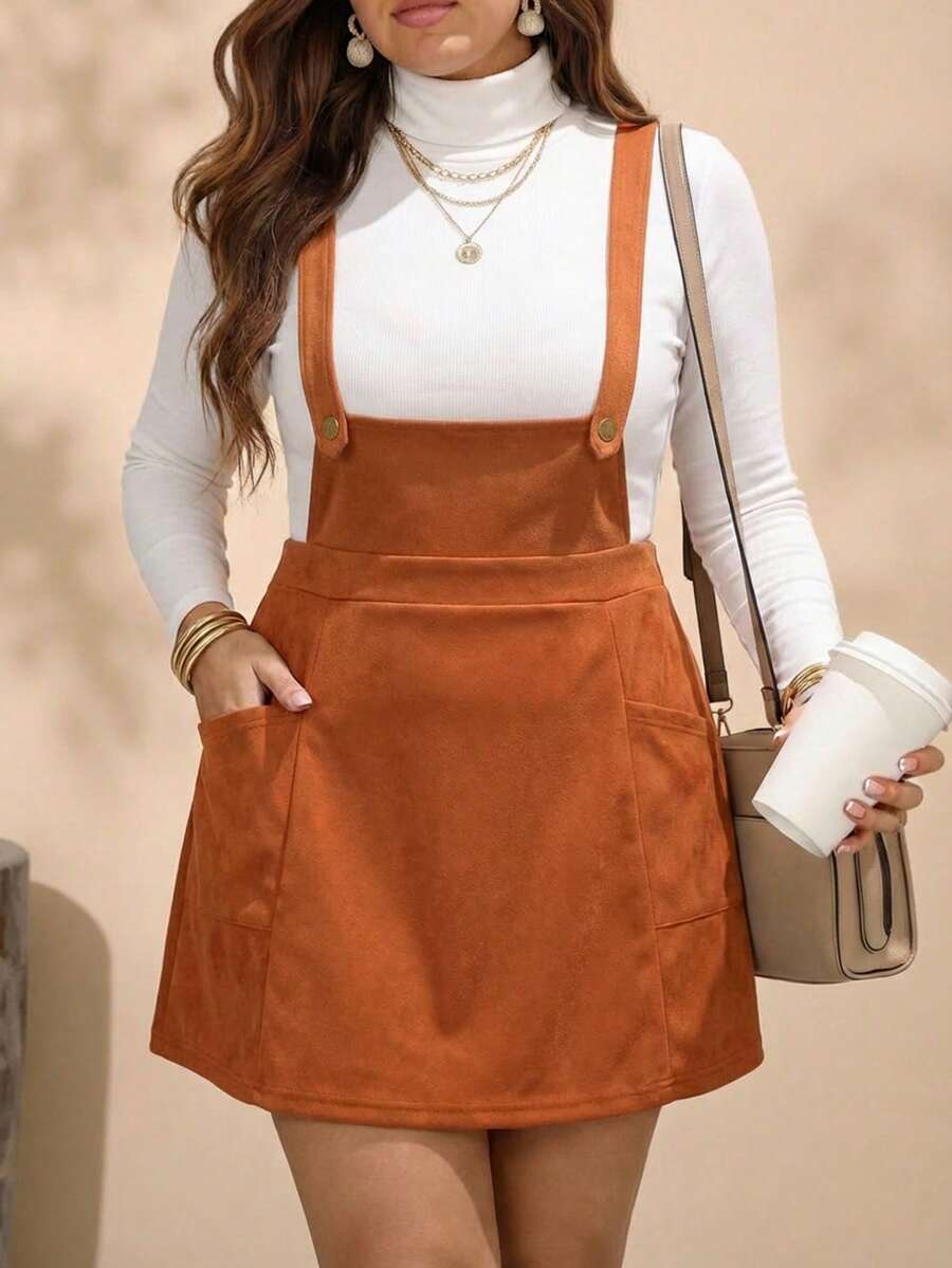 SHEIN LUNE Suede-Like Long Sleeve Dress With Metal Button & Overall Straps, Versatile Plus Size Long Sleeve Dress Winter Dresses For Women Thanksgiving Outfit Women New Years Women Outfit Winter Dresses Winter Clothes Women Rave Outfits Winter Dresses For Women Winter Outfits For Women - Khaki - View 1