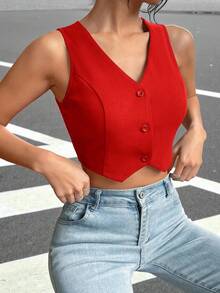 SHEIN EZwear Chaleco corto con botones delanteros de color liso para otoño/invierno - Rosa Roja - Ver 2