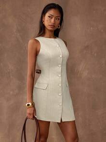 SHEIN BAE 修身单排扣无袖束腰极简连衣裙 - 杏色 - 查看 5