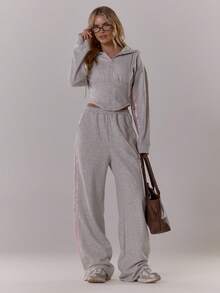 MUSERA Balloon Sleeve Contrast Pipping Cinched Waist Hooded Sweatshirt Casual, Airport, Loungewear, Back To School, Fall  Lounge Winter Spring - Grey - View 3