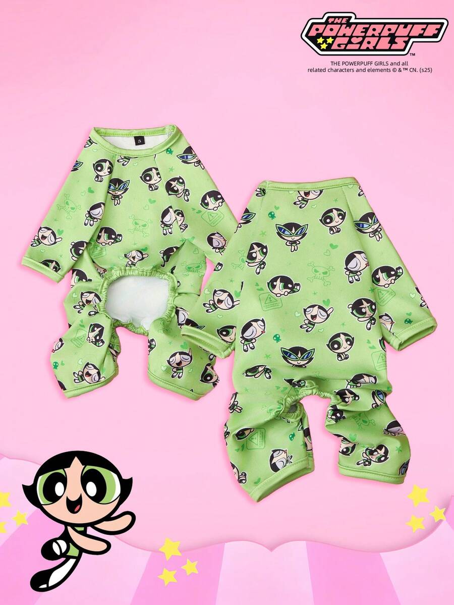 THE POWERPUFF GIRLS X PETSIN 1件装酷炫眼镜女孩情书印花宠物连体衣简约绿色亲肤透气宠物服装 - 綠色 - 查看 1