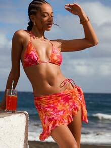 Swim Vcay 女士随机印花三角挂脖比基尼泳衣套装，粉色和橙色比基尼裙套装，沙滩裙套装，女士沙滩装，扎染比基尼 - 玫紅色 - 查看 1