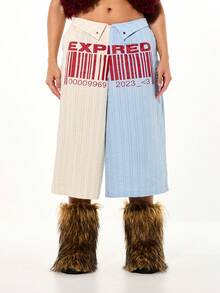 SUMWON WOMEN Striped Patchwork Wide Leg Longline Shorts With Expired Barcode Print Design And Folded Waistband Color Block - Multicolor - View 1