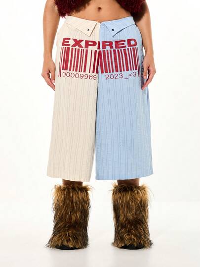 SUMWON WOMEN Striped Patchwork Wide Leg Longline Shorts With Expired Barcode Print Design And Folded Waistband Color Block