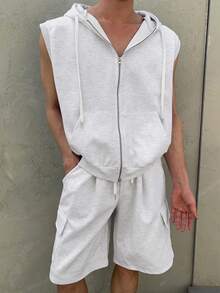 DAZY Men's Solid Color Hooded Cardigan & Tank Top Set, Summer - Grey - View 5