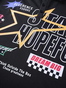 ROMWE MEN Prep Men's Minimalist Print Long Sleeve Polo Shirt - Black - View 7