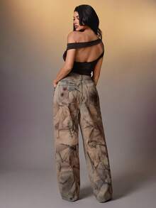 Denimoi Jeans de ajuste relajado con lavado abstracto, casual y elegante para uso diario - Azul lavado medio - Ver 4