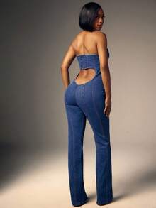 Denimoi 心形镂空露肩喇叭牛仔连体裤 - 中等水洗藍 - 查看 6