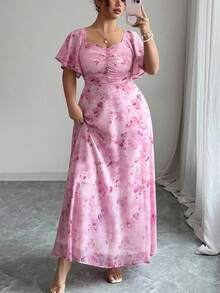 Modelyn Women's Chiffon Butterfly Printed Batwing Short Sleeve Pleated Sweet French Style Summer Dress - Pink - View 5