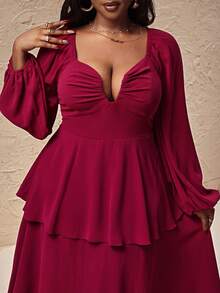 Truni Plus Size Women's Layered Long Sleeve Maxi Dress/Autumn /Winter - Burgundy - View 7