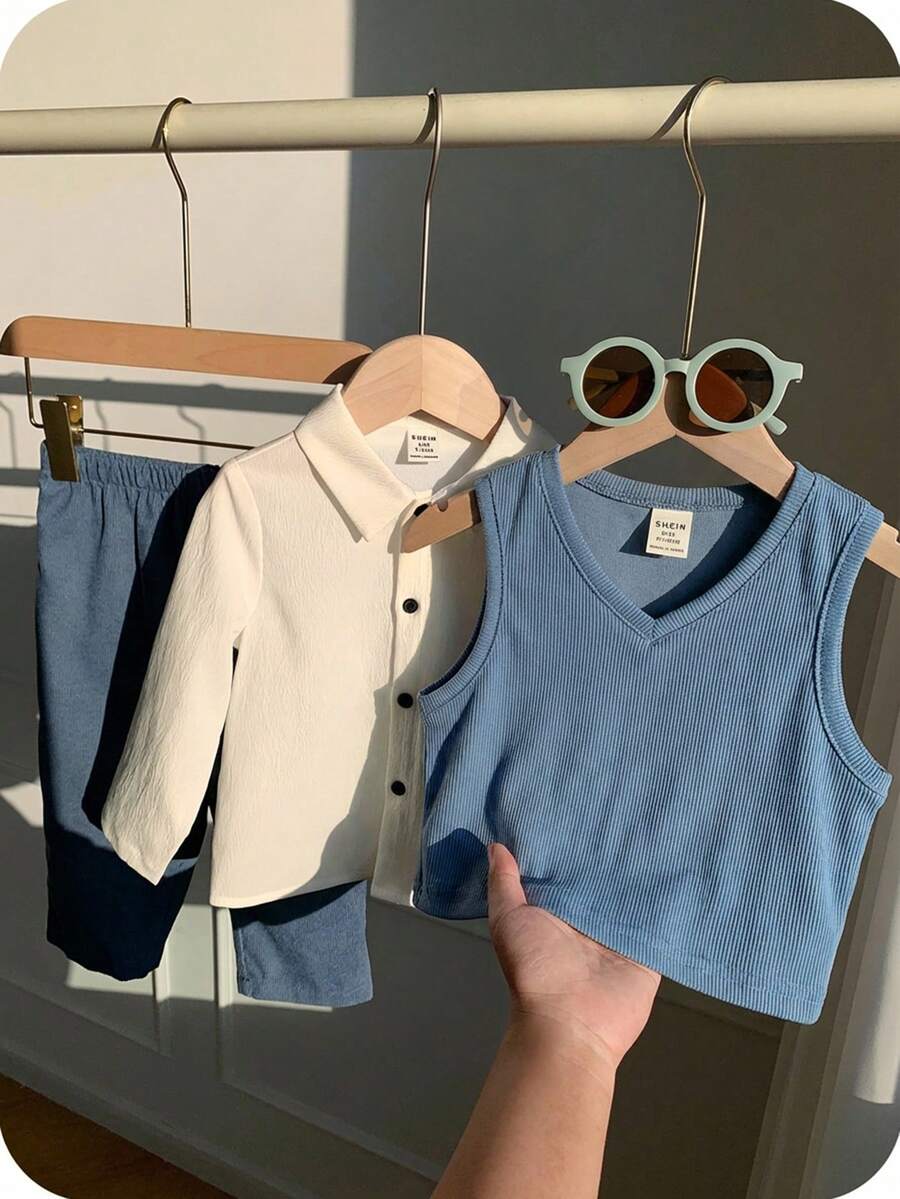 SHEIN 3pcs Baby Boy Casual Argyle Vest, White Shirt, Blue Casual Pants Outfit, Suitable For Birthday Party, Evening Party, Performance, Wedding, Baby Shower, Christening, 1st Birthday Celebration - Multicolor - View 1
