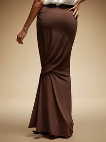 Hauture Chân váy xếp ly chữ A thắt nút bên hông màu trơn thanh lịch dành cho nữ - màu nâu - Xem 4