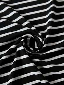Camiseta Cuello redondo de algodón holgada de manga corta con cuello redondo, estampado minimalista , rayas blancas y negras, adecuada para año nuevo y regalo - Negro - Ver 2