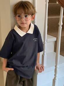 DAZY 男童字母印花撞色休闲短袖T恤 春季 - 藏蓝色 - 查看 3