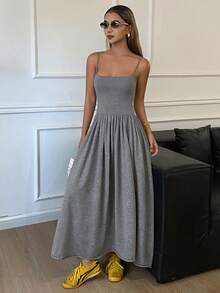DAZY 女士纯色A字无袖连衣裙，优雅休闲针织连衣裙，适合春秋季穿着 - 灰色 - 查看 5