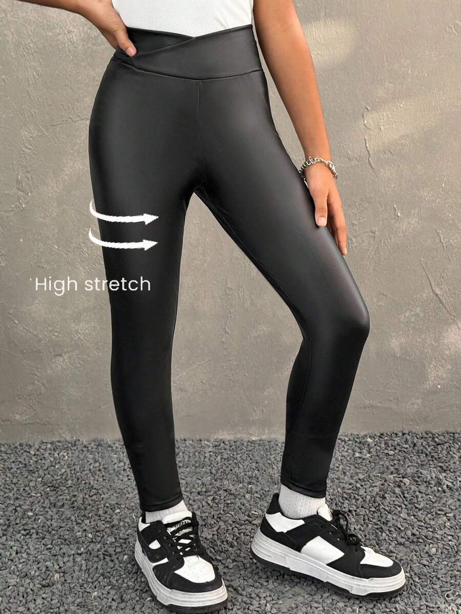 SHEIN Sleek Black PU Leggings For Young Girls Long Length Crossover Waistband - Black - View 1