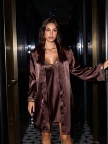 SilkySpell 女士纯色吊带蕾丝拼接性感内衣套装 - 棕色 - 查看 4