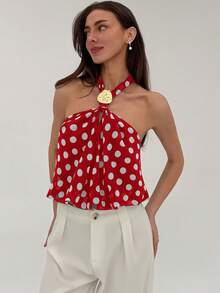 Aloruh Débardeur à col ras-du-cou moderne avec décoration métallique et motif à pois simple, pour femmes - Rouge - Voir 4