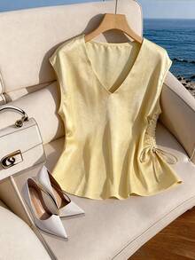 GlowEve CURVE Woven Satin Drawstring Fitted Crew Neck Shirt - Champagne - View 1
