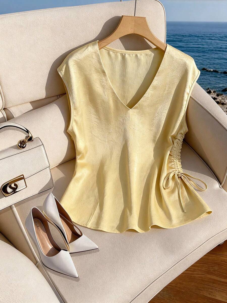 GlowEve CURVE Woven Satin Drawstring Fitted Crew Neck Shirt - Champagne - View 1