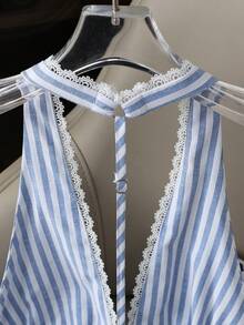 Resyla Summer Fashion New Blue Striped Women's Camisole Lace Patchwork Women's Camisole Criss-Cross Back Women's Camisole Hollow Back Women's Camisole Vacation-Suitable Women's Camisole - Blue and White - View 6