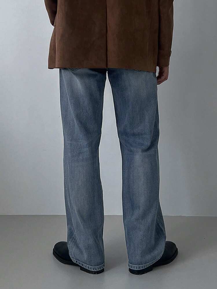 Men's Vintage Washed Blue Straight Leg Jeans, Suitable For Spring And Autumn