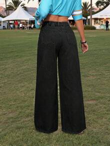 SHEIN PETITE Women's Solid Color Mid-Waist Straight Loose Casual Versatile Fashion Simple Jeans - Black - View 2