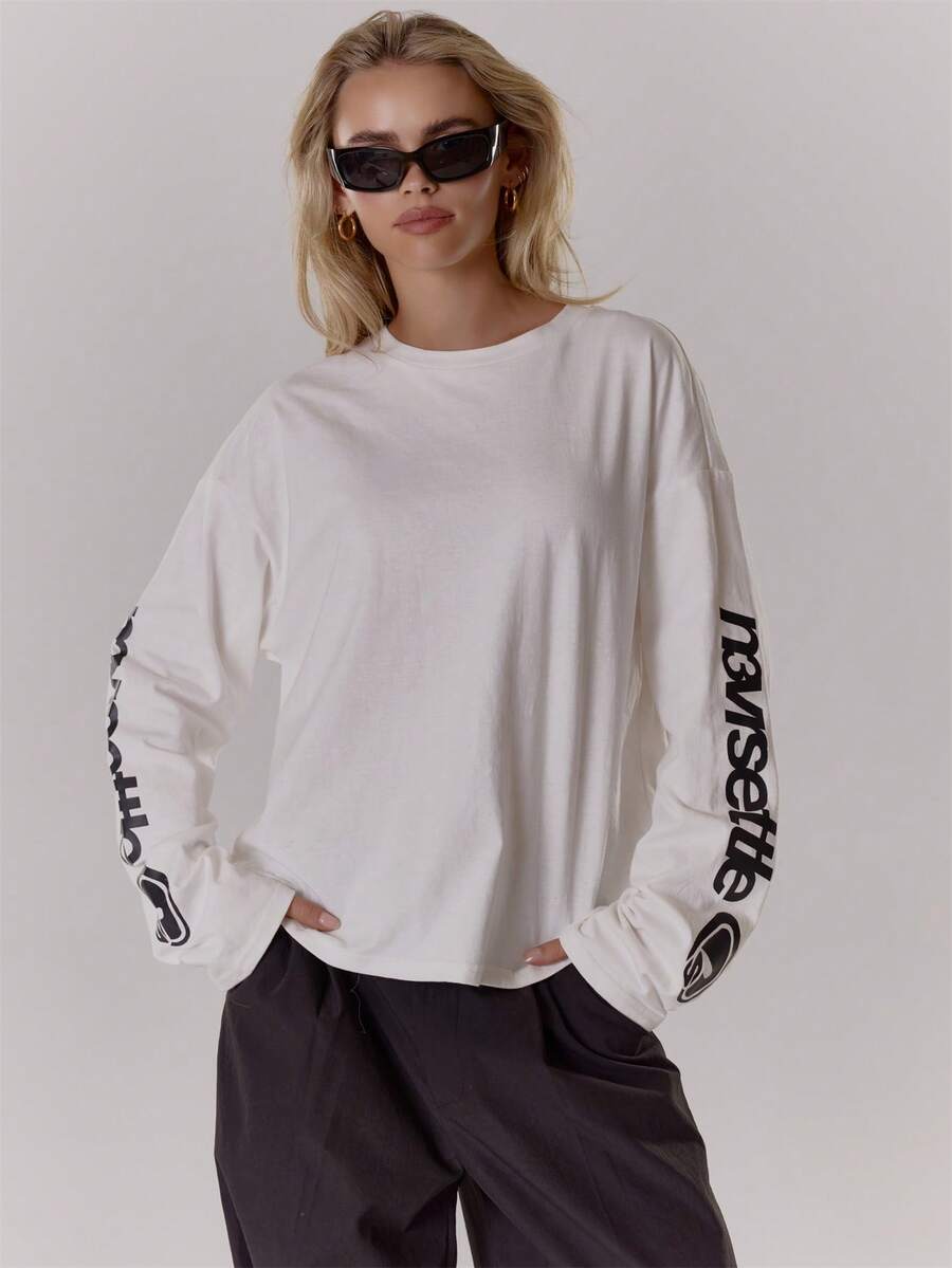MUSERA Camiseta de manga larga con gráfico oversize, estilo cool girl, streetstyle, uso diario, varsity, primavera verano 1997 - Blanco - Ver 1