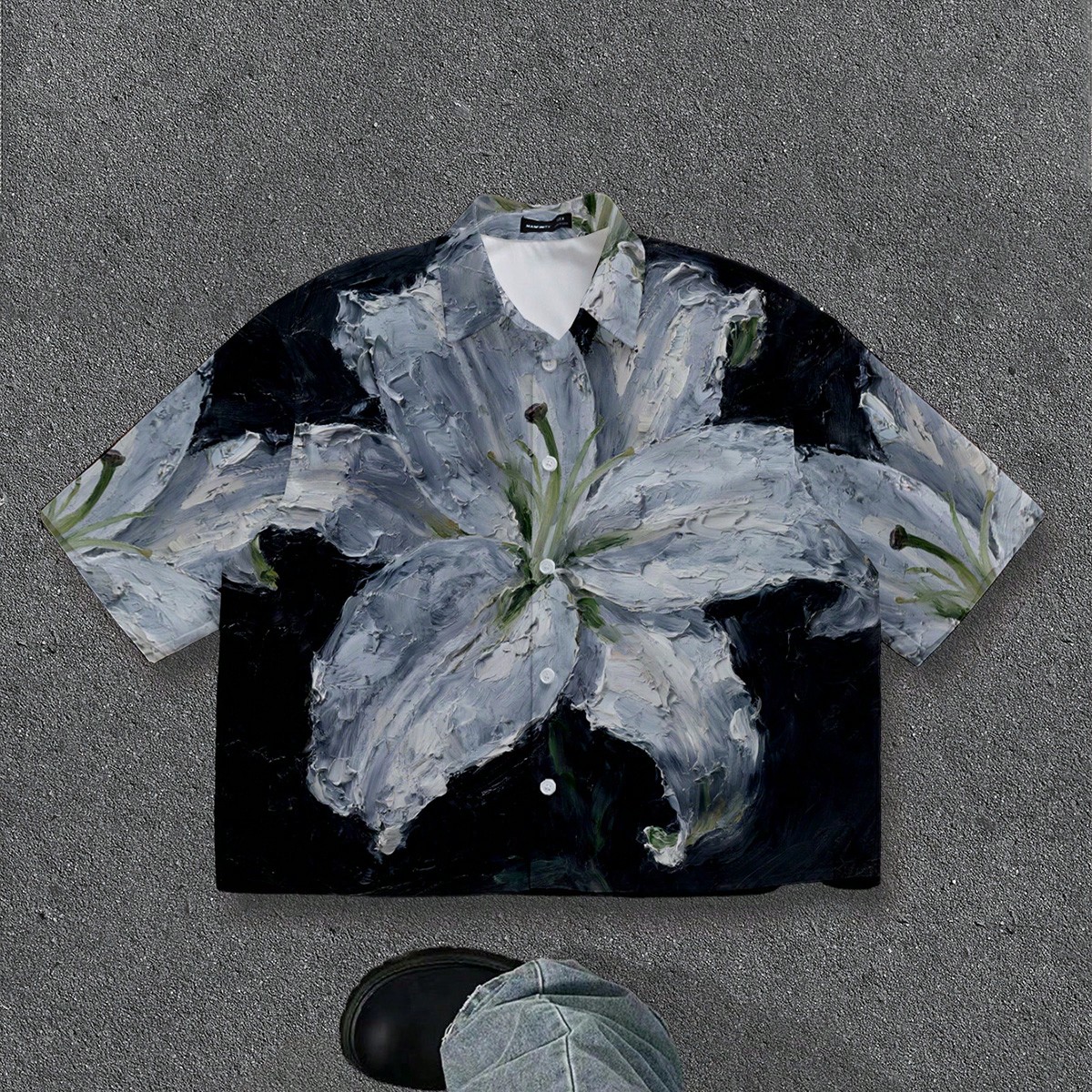 Camisa de manga corta con estampado gráfico floral 3D de pintura de aceite falsa, estilo callejero y corta en forma de caja