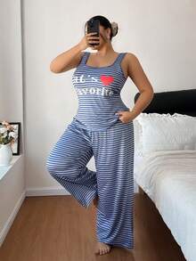 Dream Adore Set de pijamale sexy cu imprimeu de litere, dungi, mărime plus - Multicolor - Vizualizare 1