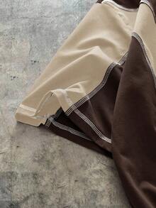 AXEPEAK Contrast Color Round Neck Loose Fit Men's T-Shirt - Brown - View 5