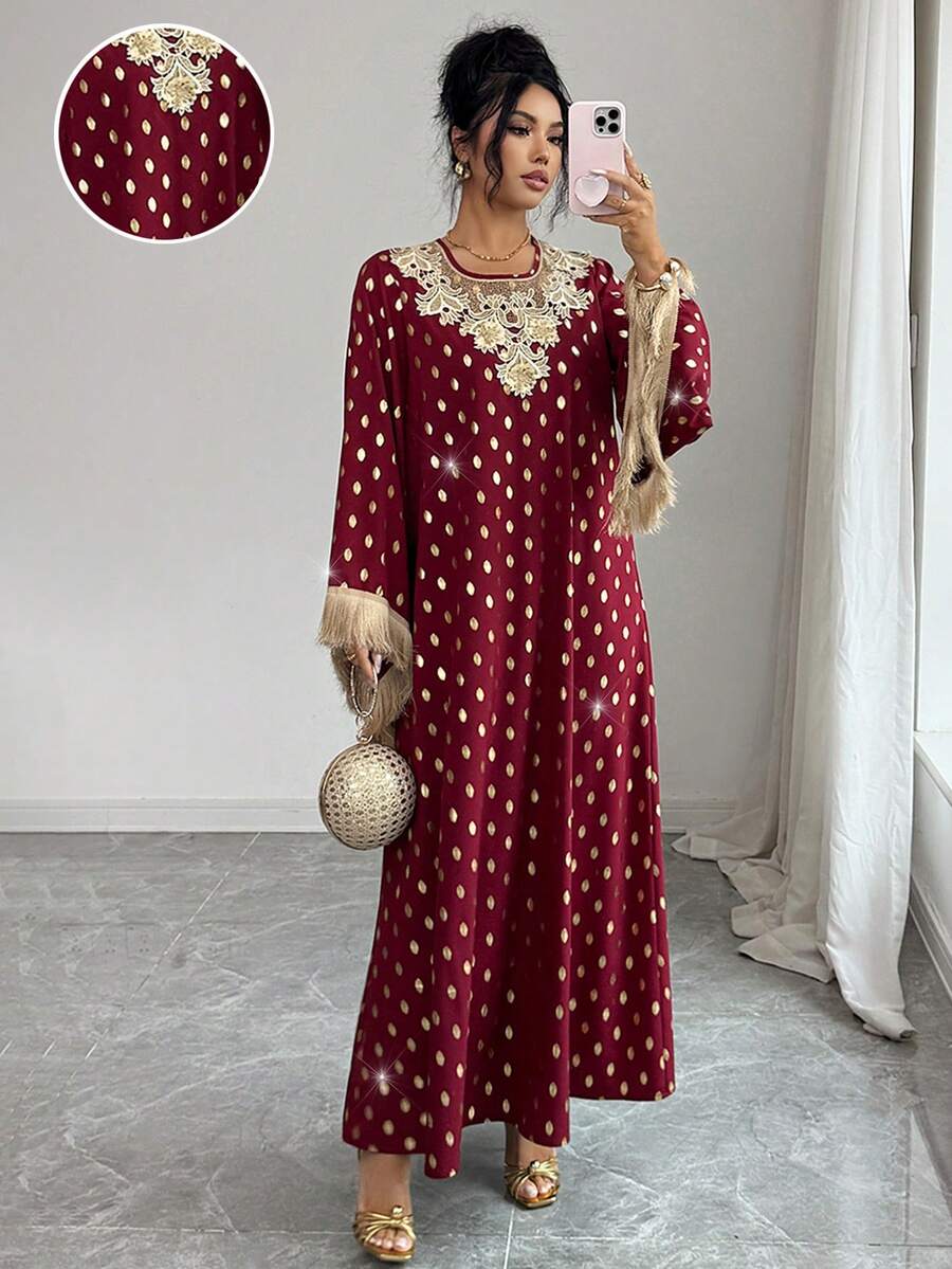 SHEIN Elenzya 女士优雅花卉流苏金属装饰连衣裙 - 紅色 - 查看 1