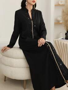 Al Najma 中东风格女士宽松时尚串珠刺绣长袍 - 黑色 - 查看 7