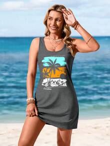 Sylviya Váy đi biển mùa hè in hình cây dừa và hoàng hôn - màu đen - Xem 7