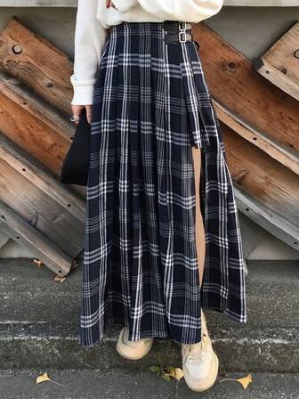 FRIFUL חצאית קז'ואל לנשים בסגנון בית ספרי עם הדפס משובץ, שסף גבוה ומכפלת עם אבזם כפול