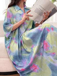 Al Najma Tie-Dye Loose Fit Short Sleeve Polo Collar Dress, Spring/Summer - Blue - View 4