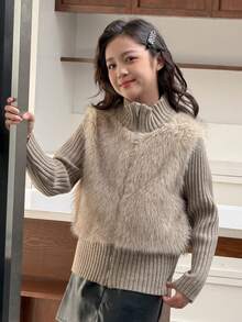 DAZY Tween Girls Thick Knit Sweater With Faux Fur Collar Zip-Up Cardigan For Autumn/Winter
