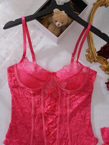 3 件套浪漫蕾丝连体衣带长袜，内衣套装内衣外衣，适合外出 - 玫紅色 - 查看 6