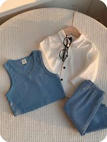 SHEIN 3pcs Baby Boy Casual Argyle Vest, White Shirt, Blue Casual Pants Outfit, Suitable For Birthday Party, Evening Party, Performance, Wedding, Baby Shower, Christening, 1st Birthday Celebration - Multicolor - View 6