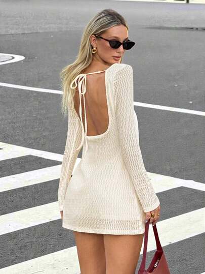 SHEIN EZwear Women's Solid Color Backless Lace-Up Flare Sleeve Mini Dress Summer Dresses For Women