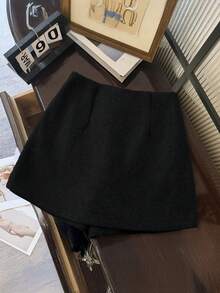 Franclia 双层开衩羊毛混纺A字裙裤，厚实而端庄 - 黑色 - 查看 3