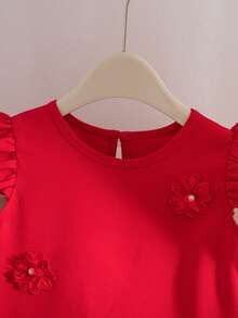 Elladie kids 1件女童夏季新款圆领A字短袖褶裥下摆花卉正面钥匙孔后背休闲复古日常连衣裙，红色 - 紅色 - 查看 8