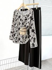 Linhara Bộ đồ 2 món cỡ lớn gồm áo dài tay cổ tròn in họa tiết phối màu tương phản và quần dài. - Màu be - Xem 1