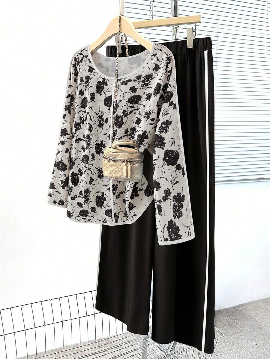 Linhara Bộ đồ 2 món cỡ lớn gồm áo dài tay cổ tròn in họa tiết phối màu tương phản và quần dài. - Màu be - Xem 1