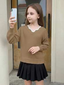 SHEIN Tween Girl Casual Fashion Versatile Knit Wavy Hem V-Neck Bowknot Back Lantern Sleeve Pullover Sweater, Suitable For Weekend, Casual Outing, Back To School, Halloween, Christmas, New Year In Fall/Winter - Khaki - View 3